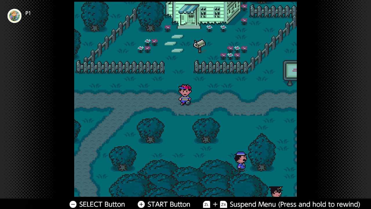 Screenshot of the player's village in Earthbound for the SNES captured on the Nintendo Switch Online app