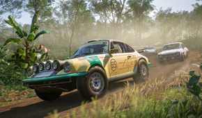 Screenshot from Forza Horizon 5 video game of cars racing in forest setting