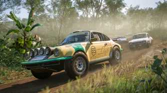 Screenshot from Forza Horizon 5 video game of cars racing in forest setting