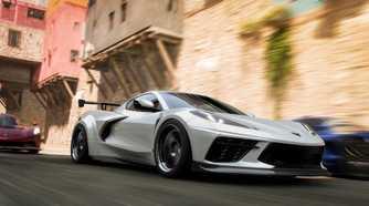 Screenshot from Forza Horizon 5 video game of cars racing on paved road