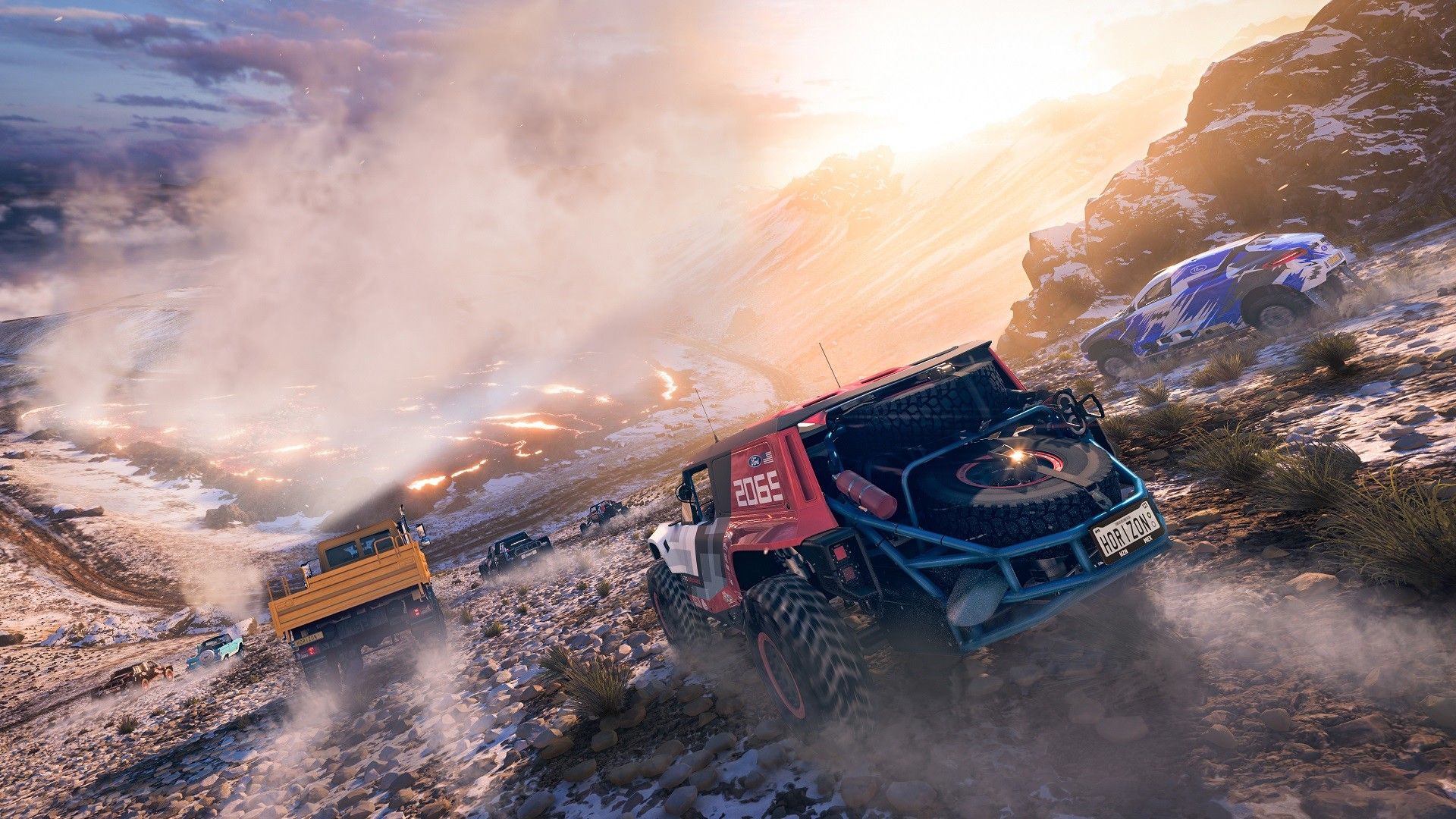 Screenshot from Forza Horizon 5 video game of cars racing on snowy hillside