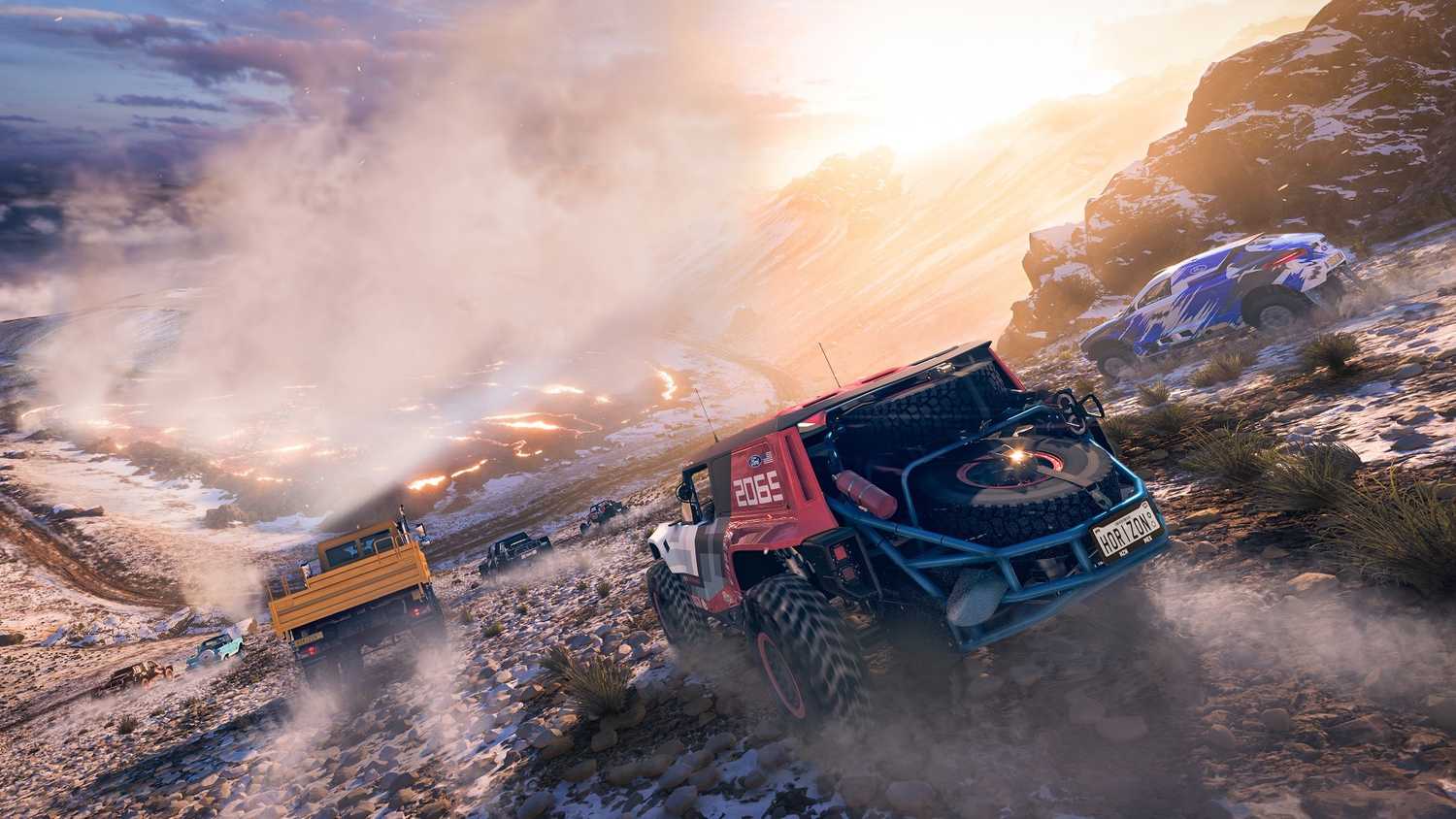 Screenshot from Forza Horizon 5 video game of cars racing on snowy hillside