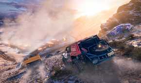 Screenshot from Forza Horizon 5 video game of cars racing on snowy hillside