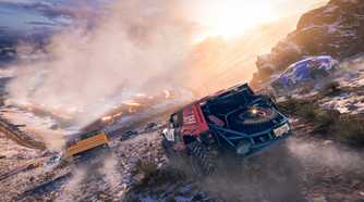 Screenshot from Forza Horizon 5 video game of cars racing on snowy hillside