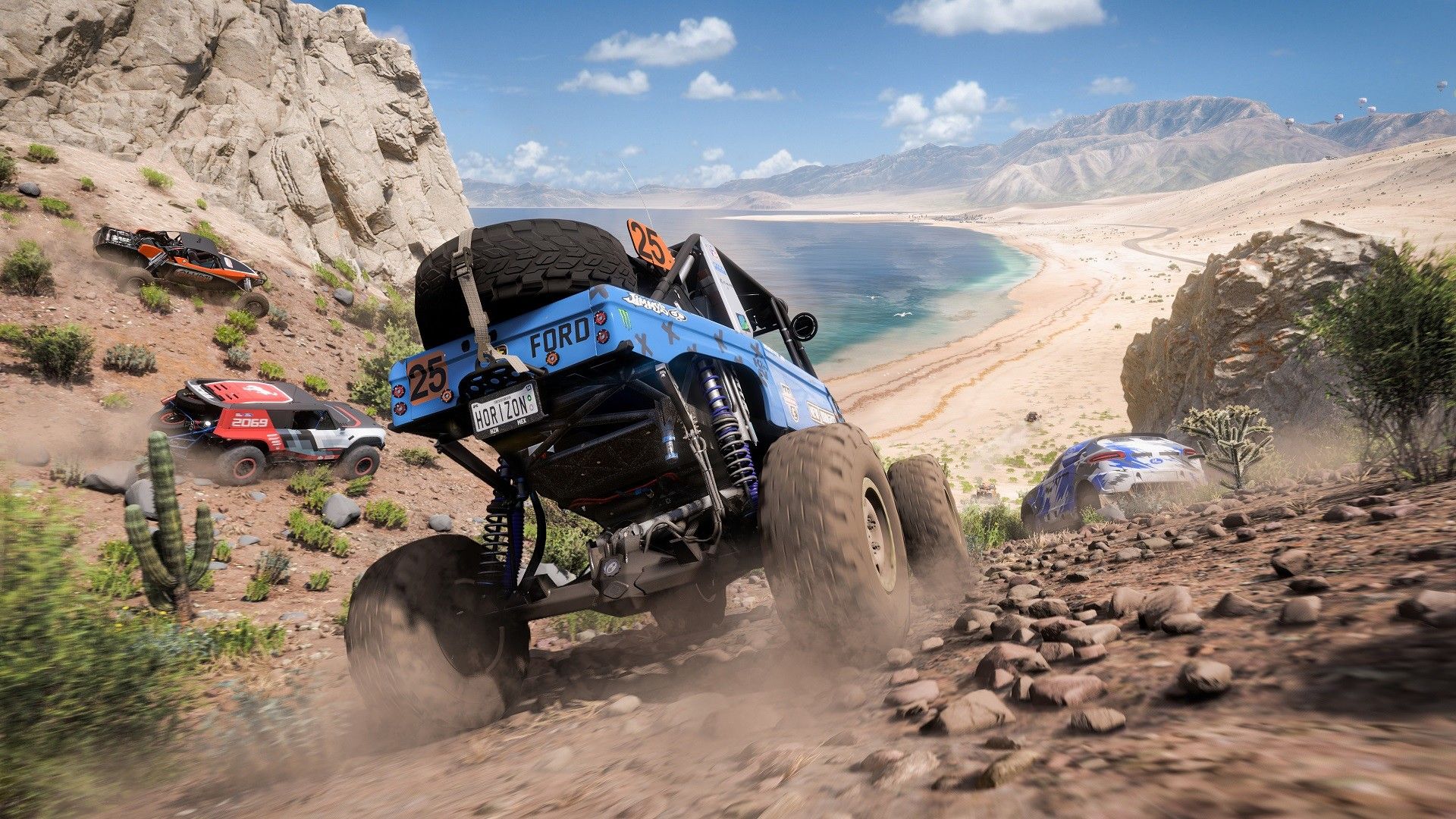 Screenshot from Forza Horizon 5 video game of cars racing on coastline