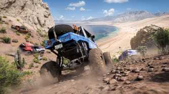 Screenshot from Forza Horizon 5 video game of cars racing on coastline