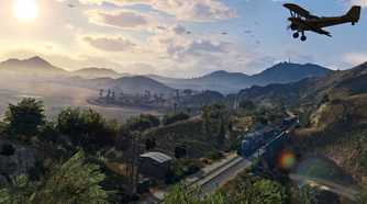 Screenshot from video game Grand Theft Auto V of biplane flying over tropical coastline