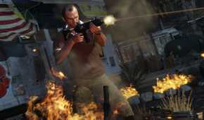 Screenshot from Grand Theft Auto V video game of man shooting assault rifle with flames around him