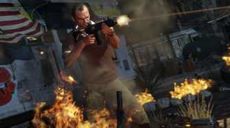 Screenshot from Grand Theft Auto V video game of man shooting assault rifle with flames around him