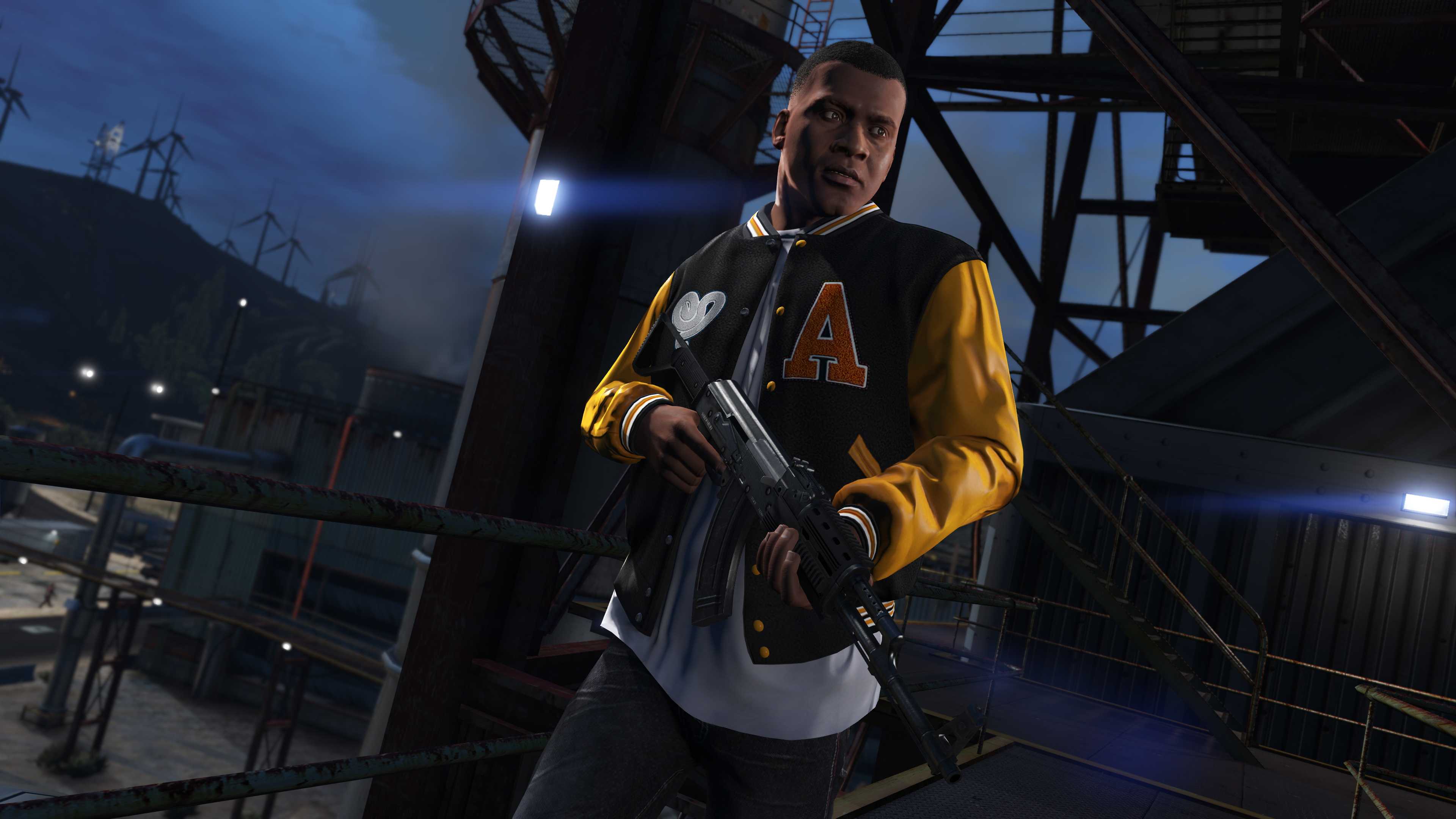 Screenshot from Grand Theft Auto V video game of man in yellow sleeve jacket holding a gun at night