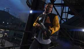 Screenshot from Grand Theft Auto V video game of man in yellow sleeve jacket holding a gun at night