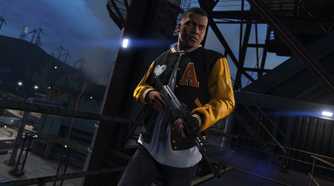 Screenshot from Grand Theft Auto V video game of man in yellow sleeve jacket holding a gun at night