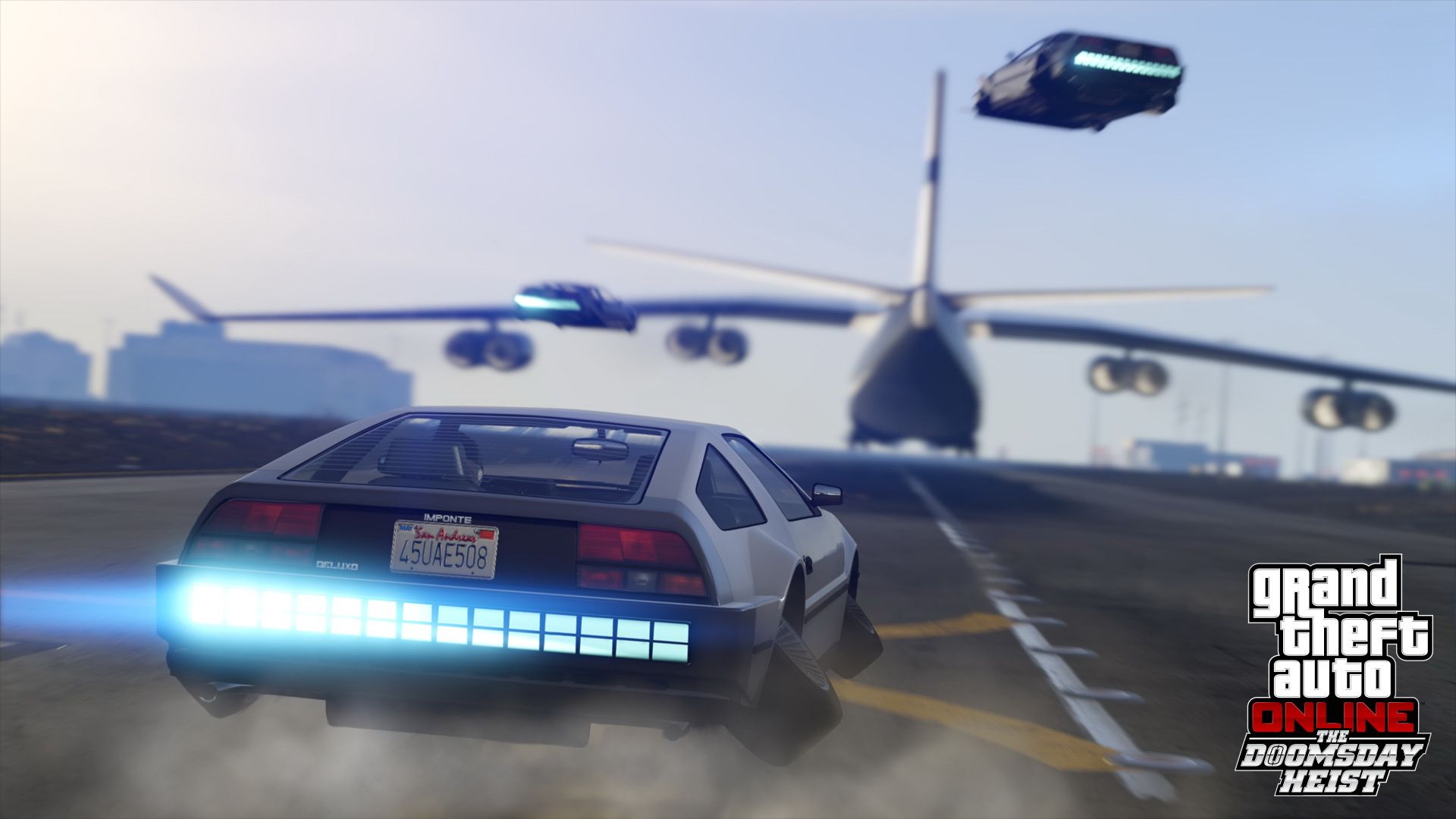 Screenshot from Grand Theft Auto V of three fictional Delorean cars each hovering while chasing an airplane