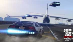 Screenshot from Grand Theft Auto V of three fictional Delorean cars each hovering while chasing an airplane