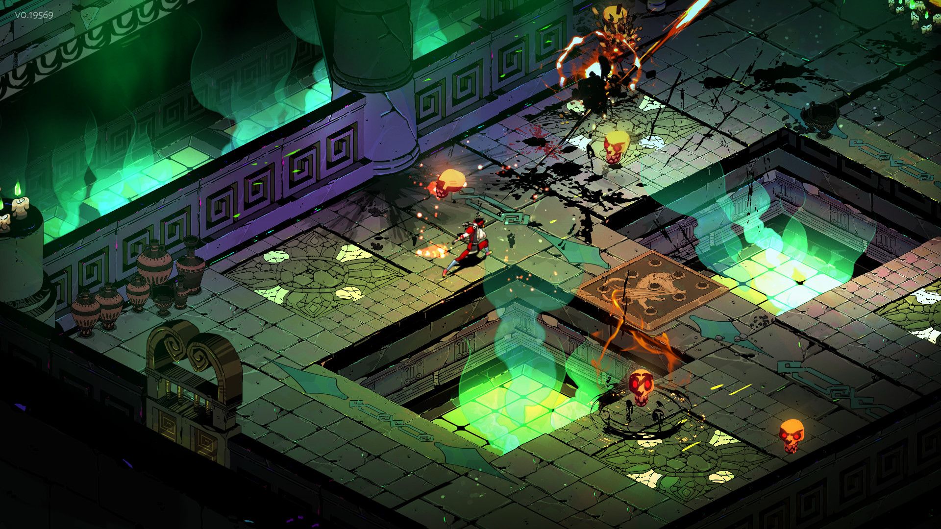 A ruined room with pits