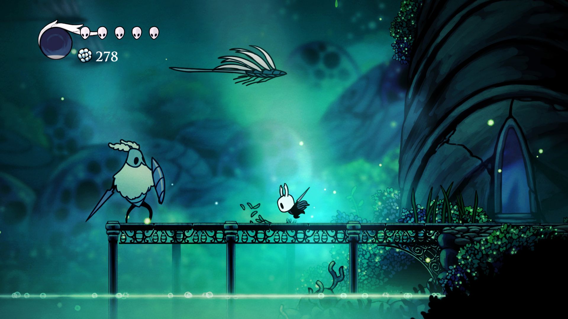 Screenshot from video game Hollow Knight where player character is engaging in combat with an enemy above a pool of acid.