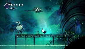 Screenshot from video game Hollow Knight where player character is engaging in combat with an enemy above a pool of acid.