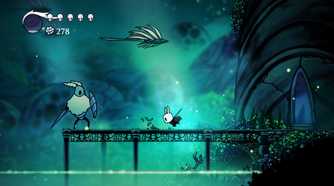 Screenshot from video game Hollow Knight where player character is engaging in combat with an enemy above a pool of acid.