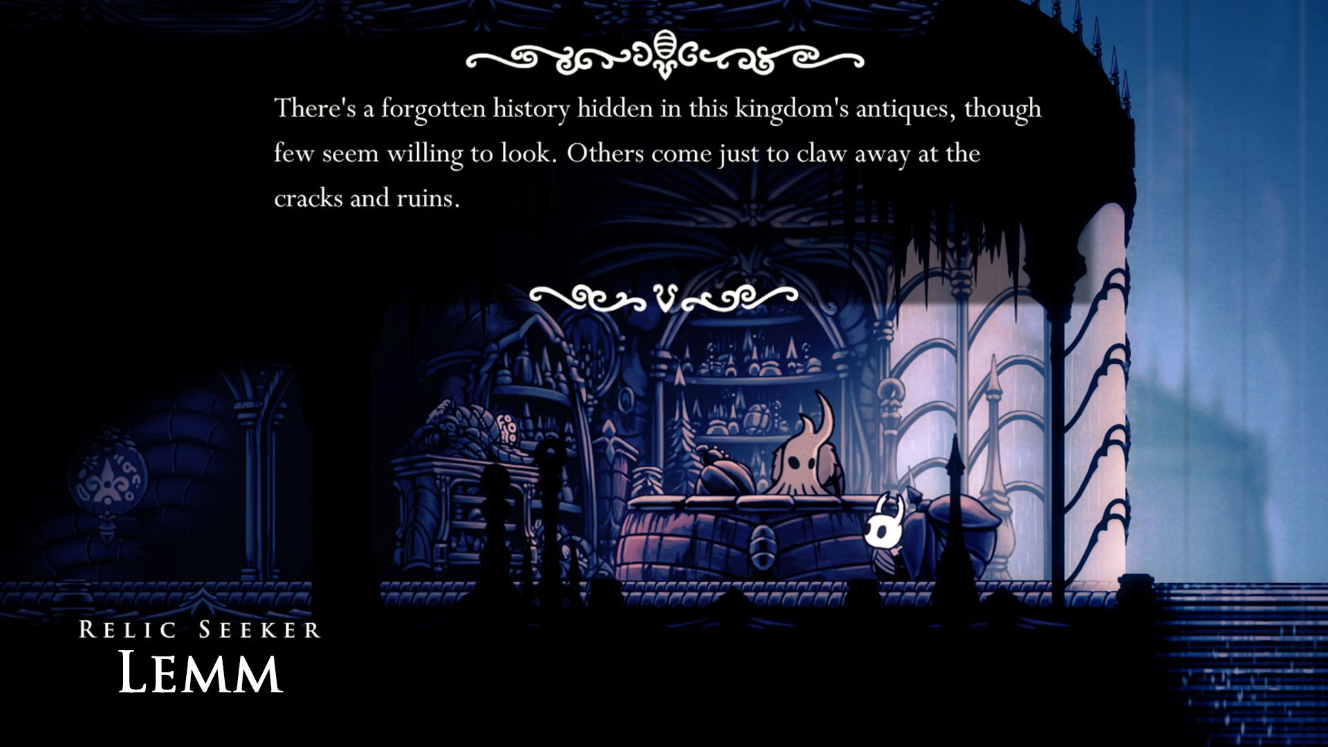 Screenshot from Hollow Knight video game where player character speaks to a Relic Seeker sitting behind a desk.