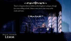 Screenshot from Hollow Knight video game where player character speaks to a Relic Seeker sitting behind a desk.
