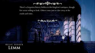 Screenshot from Hollow Knight video game where player character speaks to a Relic Seeker sitting behind a desk.