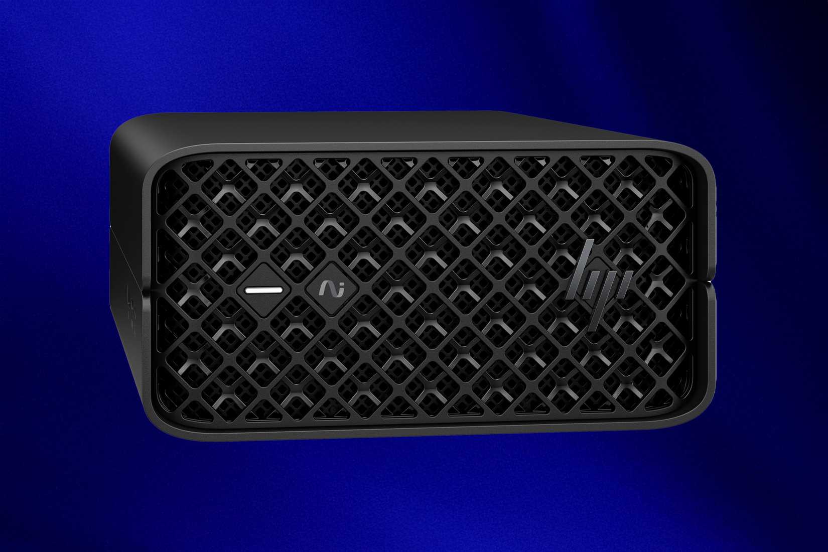 An HP Z2 Mini over a blue gradient background