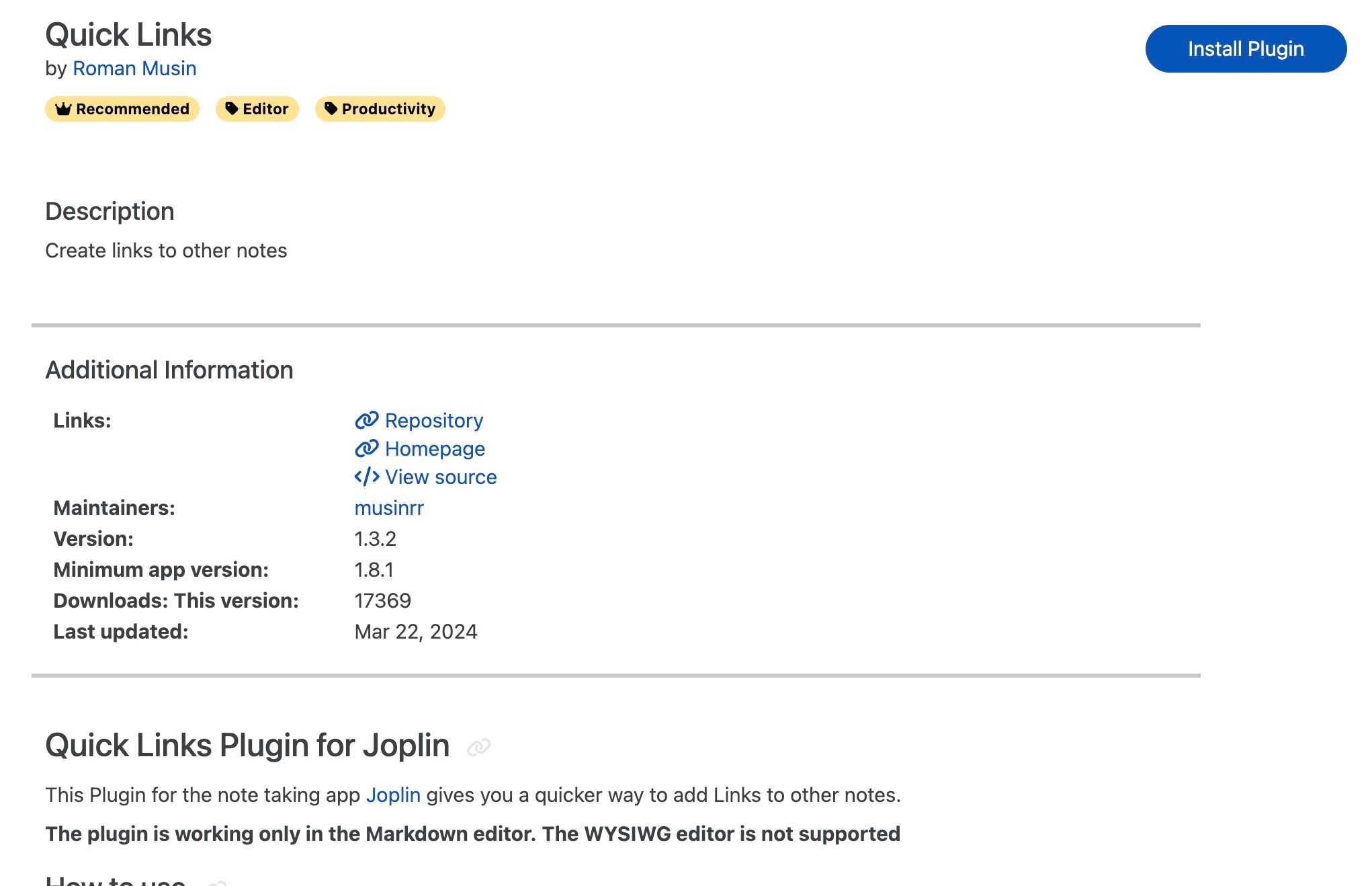 Joplin quick links plugin