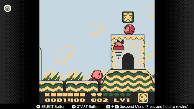Screenshot of Kirby's Dream Land 2 for the Game Boy played with the Game Boy Color filter on Nintendo Switch online