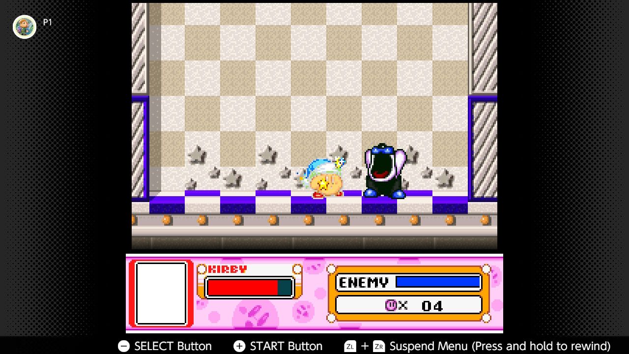 Screenshot of the Spring Breeze campaign in Kirby Super Start for the SNES captured on the Nintendo Switch Online app