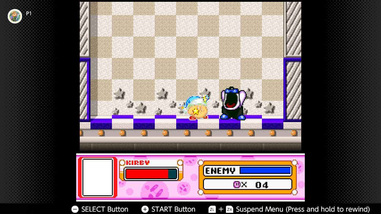 Screenshot of the Spring Breeze campaign in Kirby Super Start for the SNES captured on the Nintendo Switch Online app