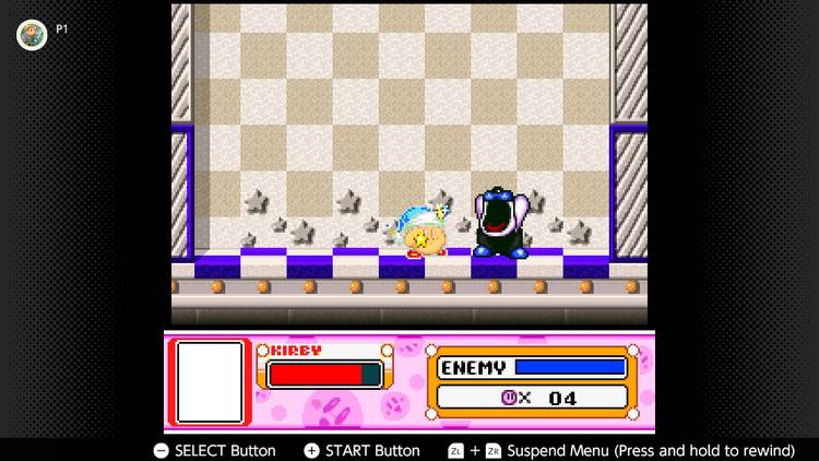 Screenshot of the Spring Breeze campaign in Kirby Super Start for the SNES captured on the Nintendo Switch Online app