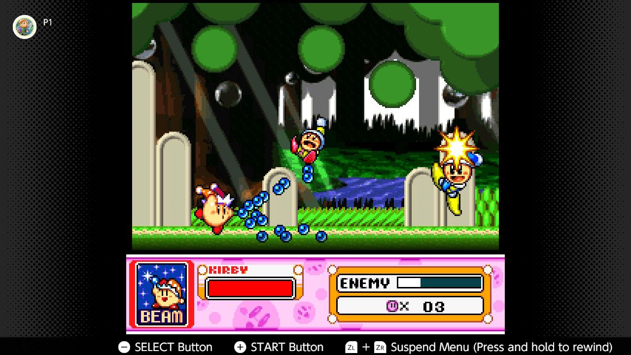 Screenshot of the Spring Breeze campaign in Kirby Super Start for the SNES captured on the Nintendo Switch Online app