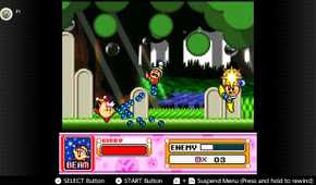 Screenshot of the Spring Breeze campaign in Kirby Super Start for the SNES captured on the Nintendo Switch Online app