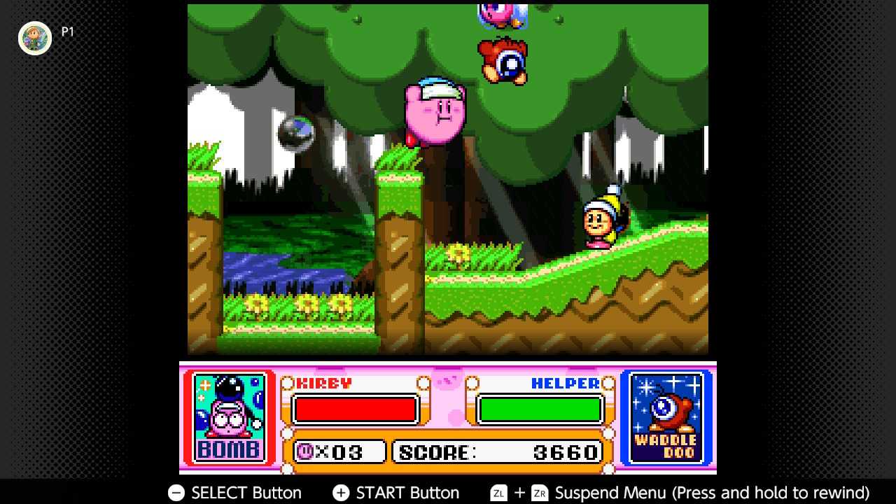 Screenshot of the Spring Breeze campaign in Kirby Super Start for the SNES captured on the Nintendo Switch Online app