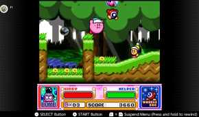 Screenshot of the Spring Breeze campaign in Kirby Super Start for the SNES captured on the Nintendo Switch Online app
