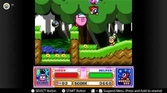 Screenshot of the Spring Breeze campaign in Kirby Super Start for the SNES captured on the Nintendo Switch Online app
