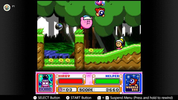 Screenshot of the Spring Breeze campaign in Kirby Super Start for the SNES captured on the Nintendo Switch Online app