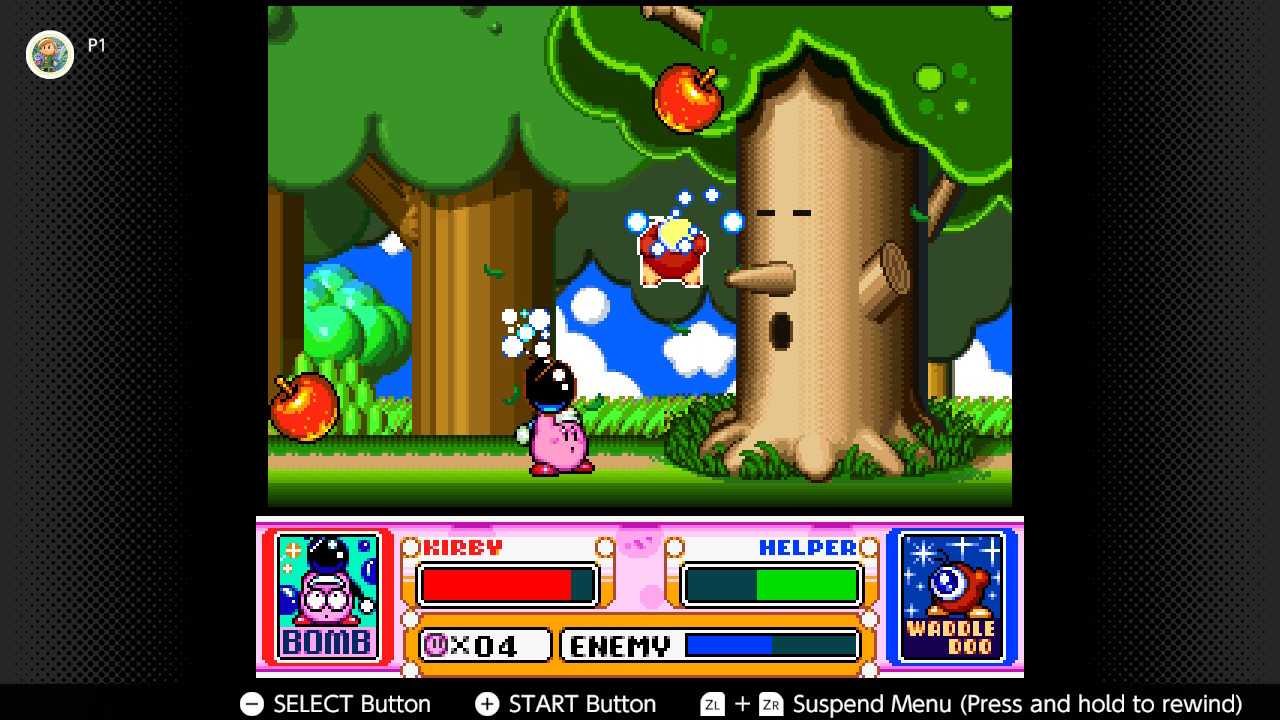 Screenshot of the Spring Breeze campaign in Kirby Super Start for the SNES captured on the Nintendo Switch Online app