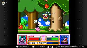 Screenshot of the Spring Breeze campaign in Kirby Super Start for the SNES captured on the Nintendo Switch Online app