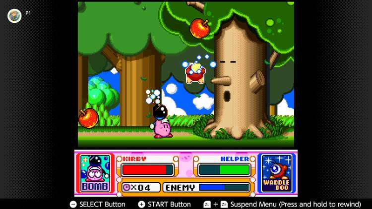 Screenshot of the Spring Breeze campaign in Kirby Super Start for the SNES captured on the Nintendo Switch Online app