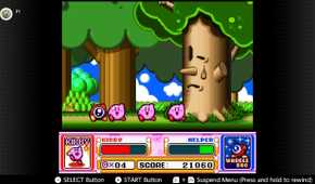 Screenshot of the Spring Breeze campaign in Kirby Super Start for the SNES captured on the Nintendo Switch Online app