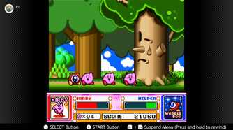 Screenshot of the Spring Breeze campaign in Kirby Super Start for the SNES captured on the Nintendo Switch Online app