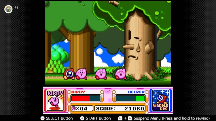 Screenshot of the Spring Breeze campaign in Kirby Super Start for the SNES captured on the Nintendo Switch Online app