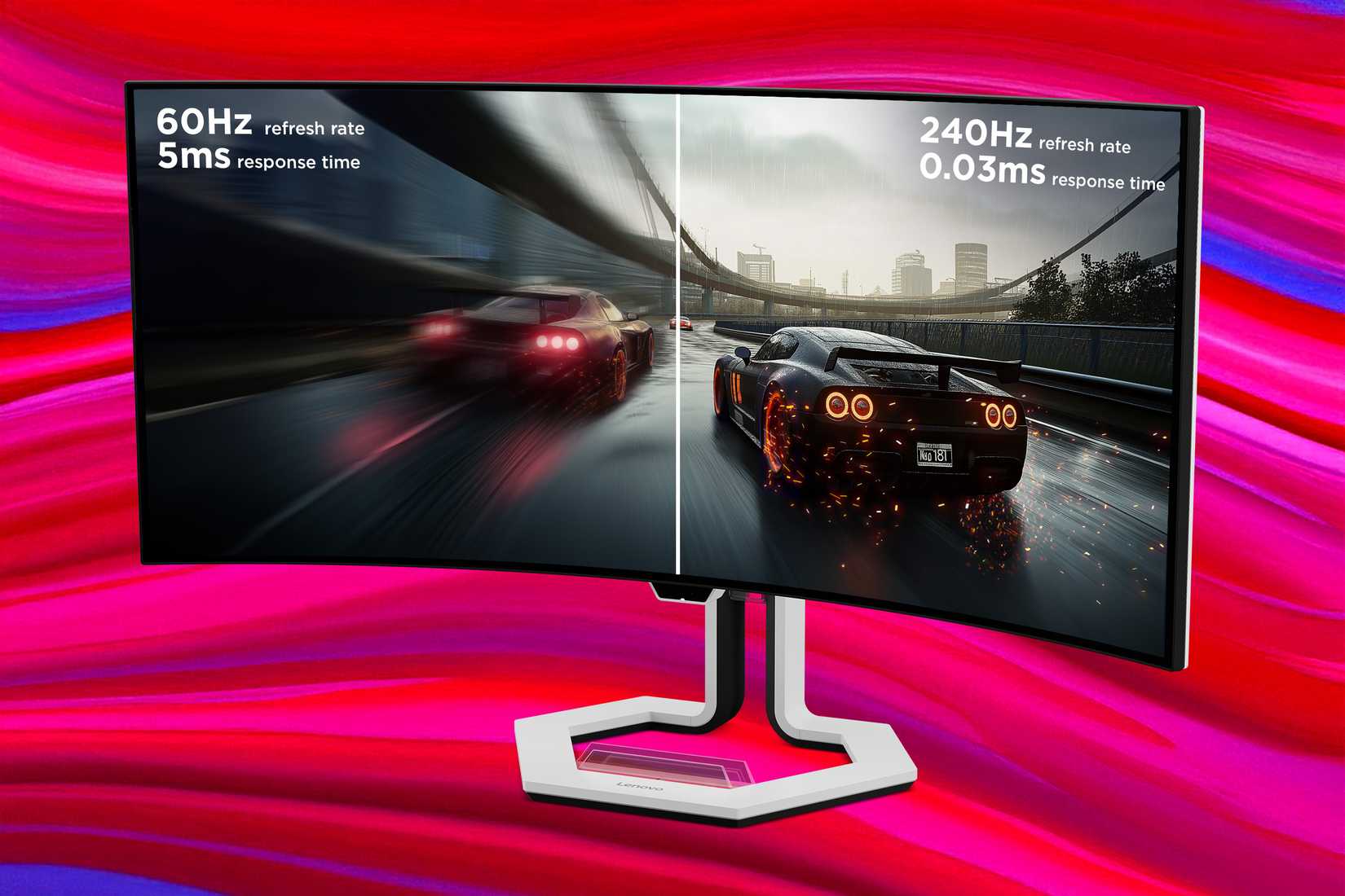 A Legion Pro 34WD-10 monitor over a red, pin, and blue background