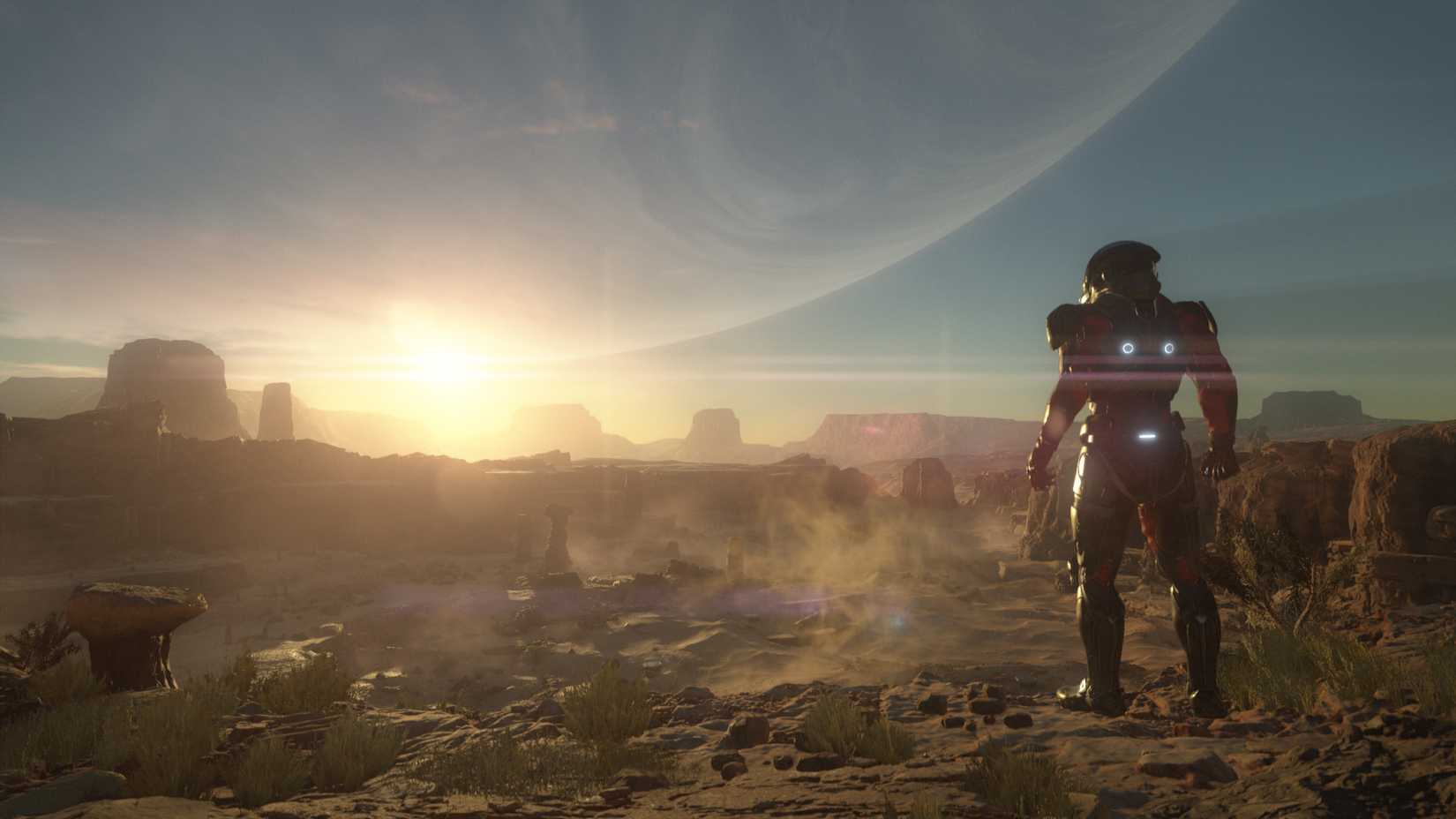 charcter staring into the sunset on foreign planet
