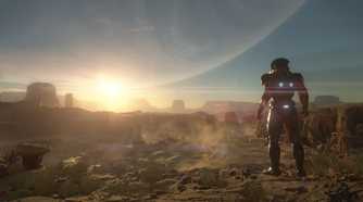 charcter staring into the sunset on foreign planet