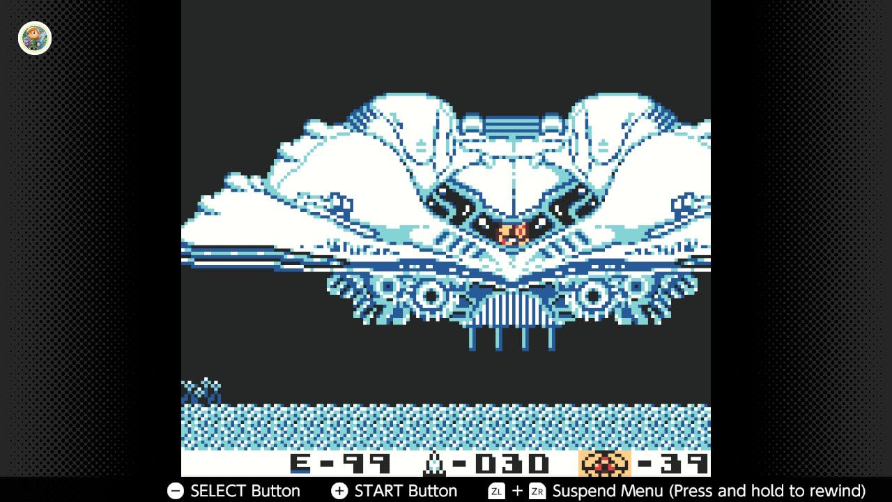 Screenshot of Metroid II for the Game Boy played with the Game Boy Color filter on Nintendo Switch online