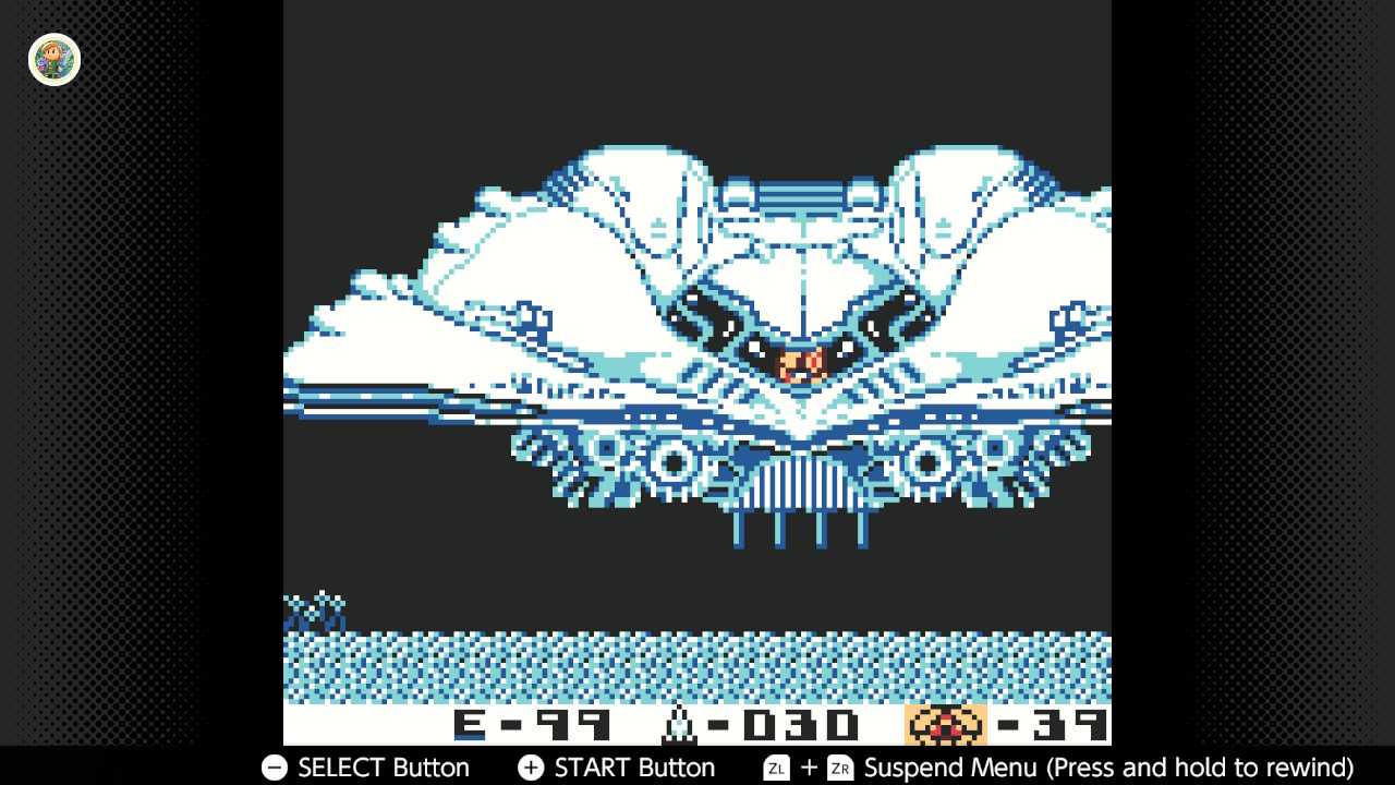Screenshot of Metroid II for the Game Boy played with the Game Boy Color filter on Nintendo Switch online