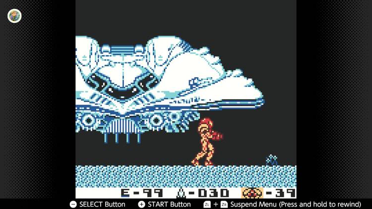 Screenshot of Metroid II for the Game Boy played with the Game Boy Color filter on Nintendo Switch online