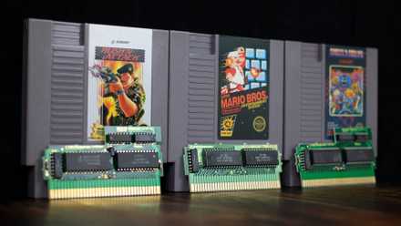 Three NES game cartridges and their PCBs